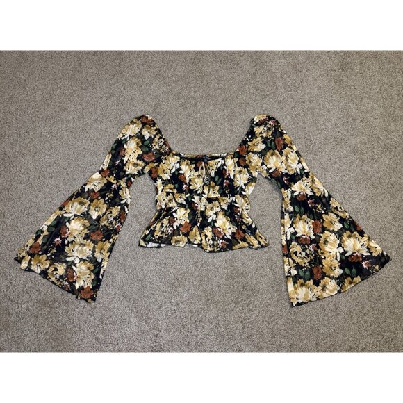 Womens Mesh Crop Top Floral Babydoll Coquette Y2k Fairy Goth Flare Sleeve XS - Picture 2 of 11